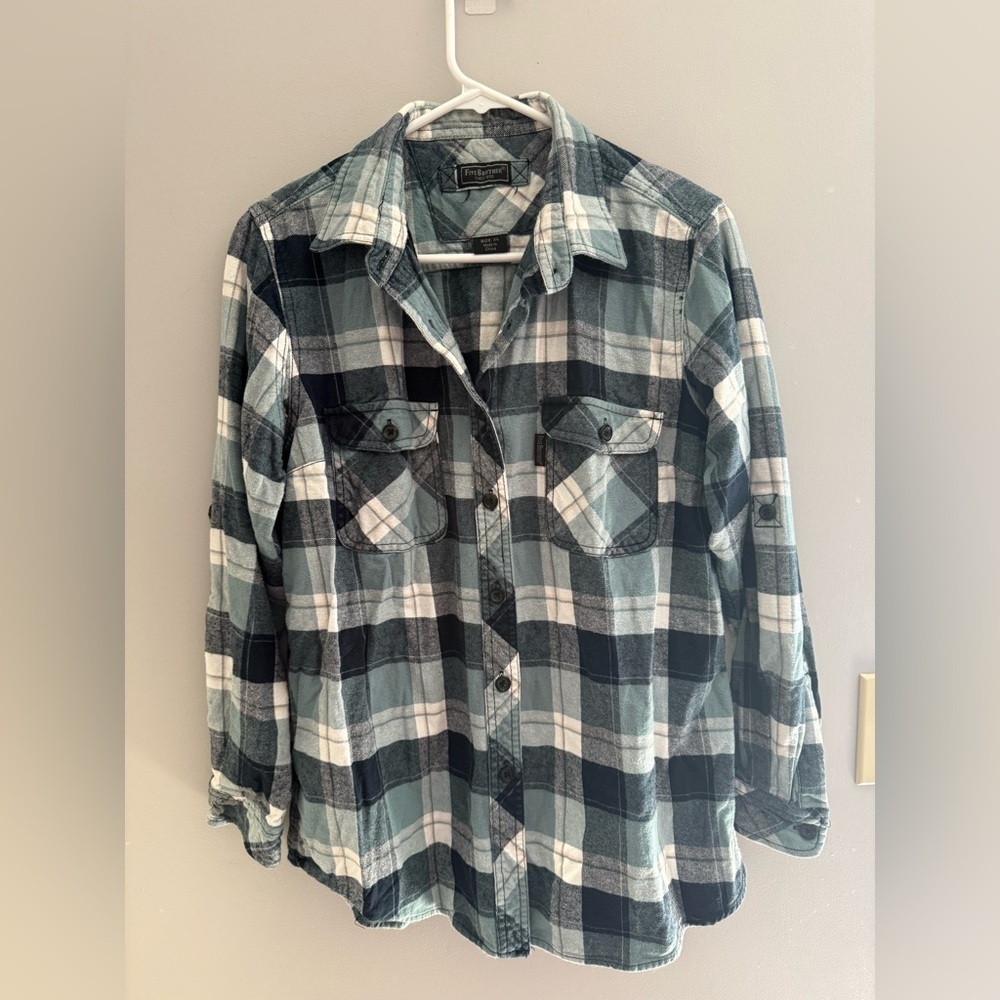 Five Brothers Button Up Long Sleeve Flannel Womans SZ XL Blue Plaid Pockets Fall